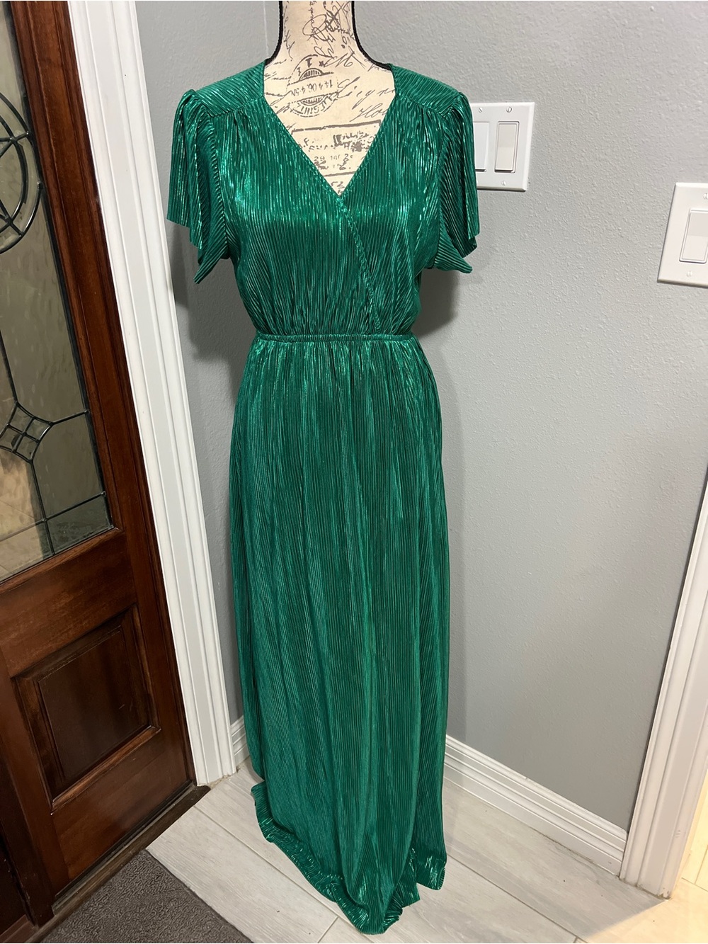Emerald Green Plisse Pleated Maternity Maxi Dress M
